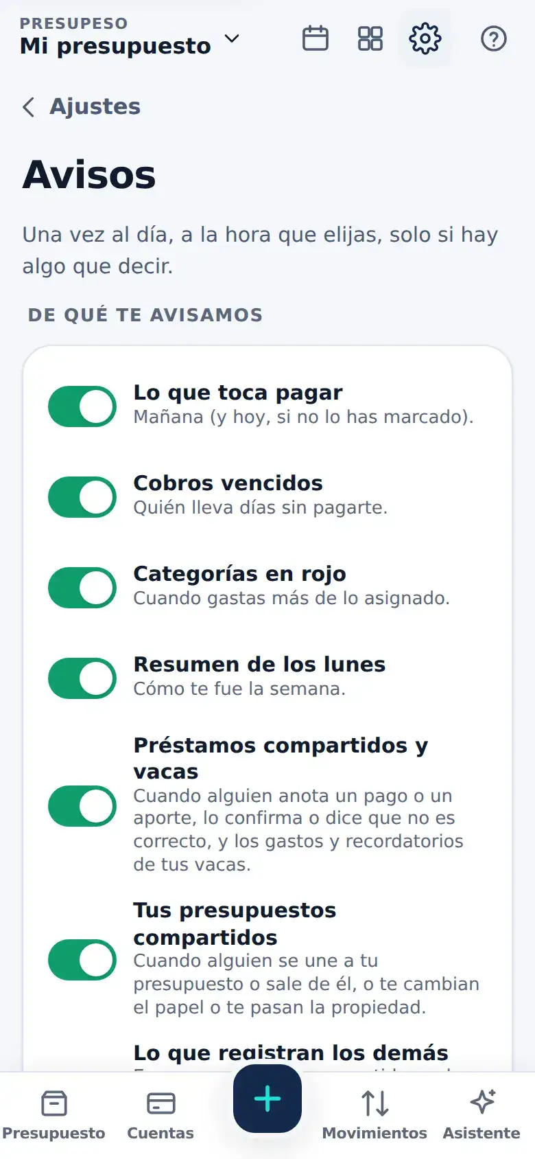 La pantalla de «Avisos en tu celular, solo cuando hay algo que decir» en Presupeso