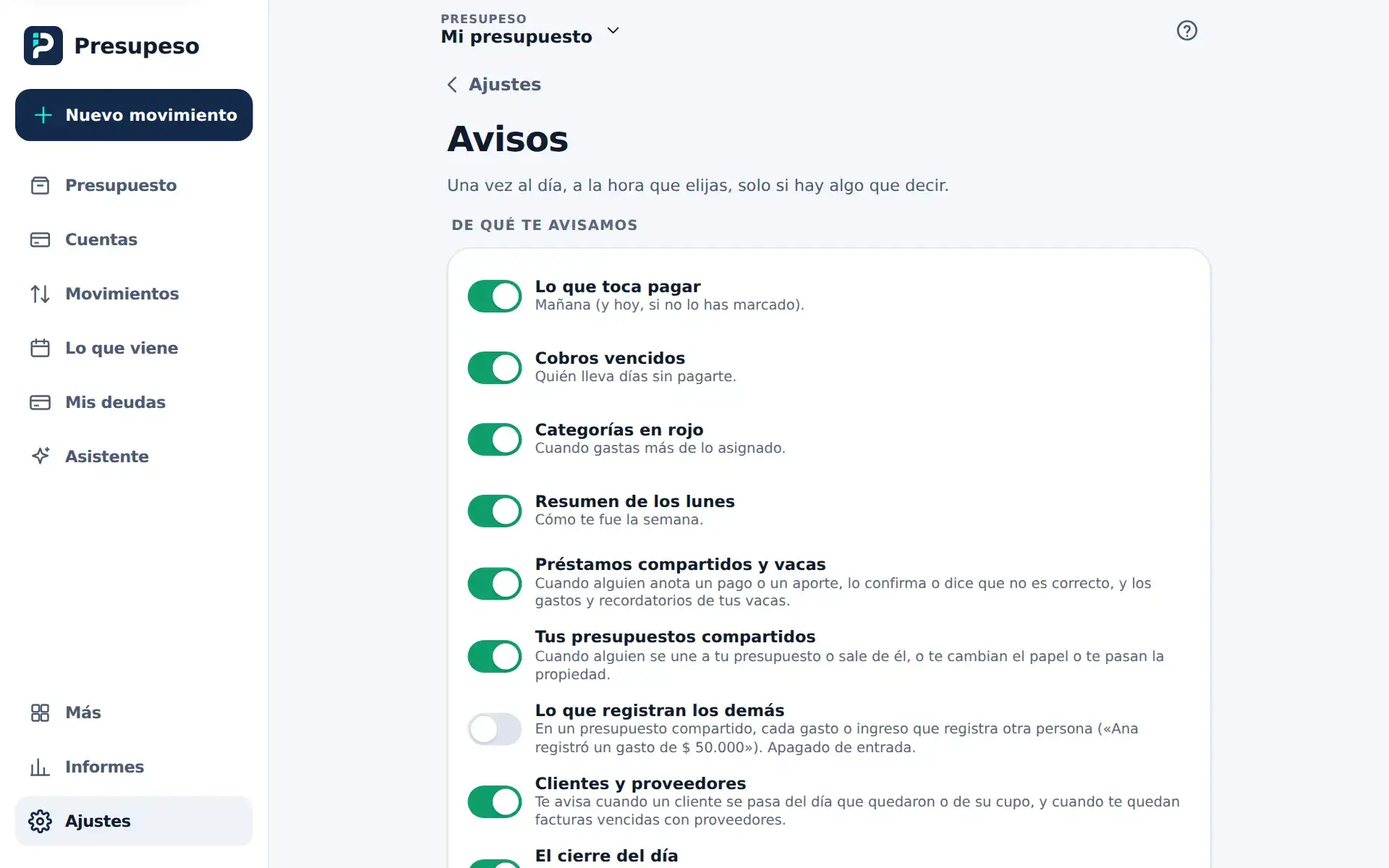Avisos: qué te avisamos y a qué hora; más abajo, en «Por dónde», están las notificaciones del celular y la tarjeta de Telegram