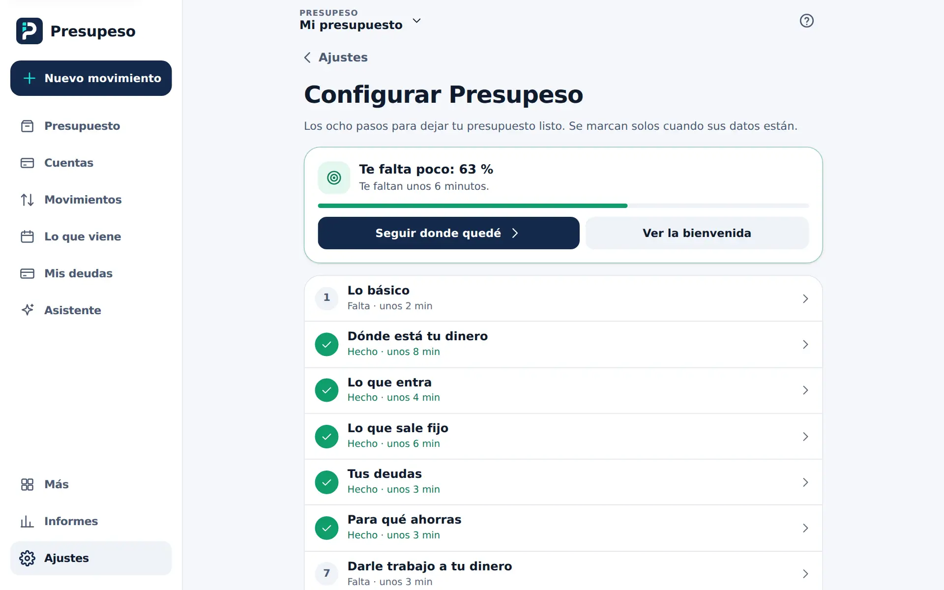 Ajustes, Configurar Presupeso: el avance y los ocho pasos con su estado