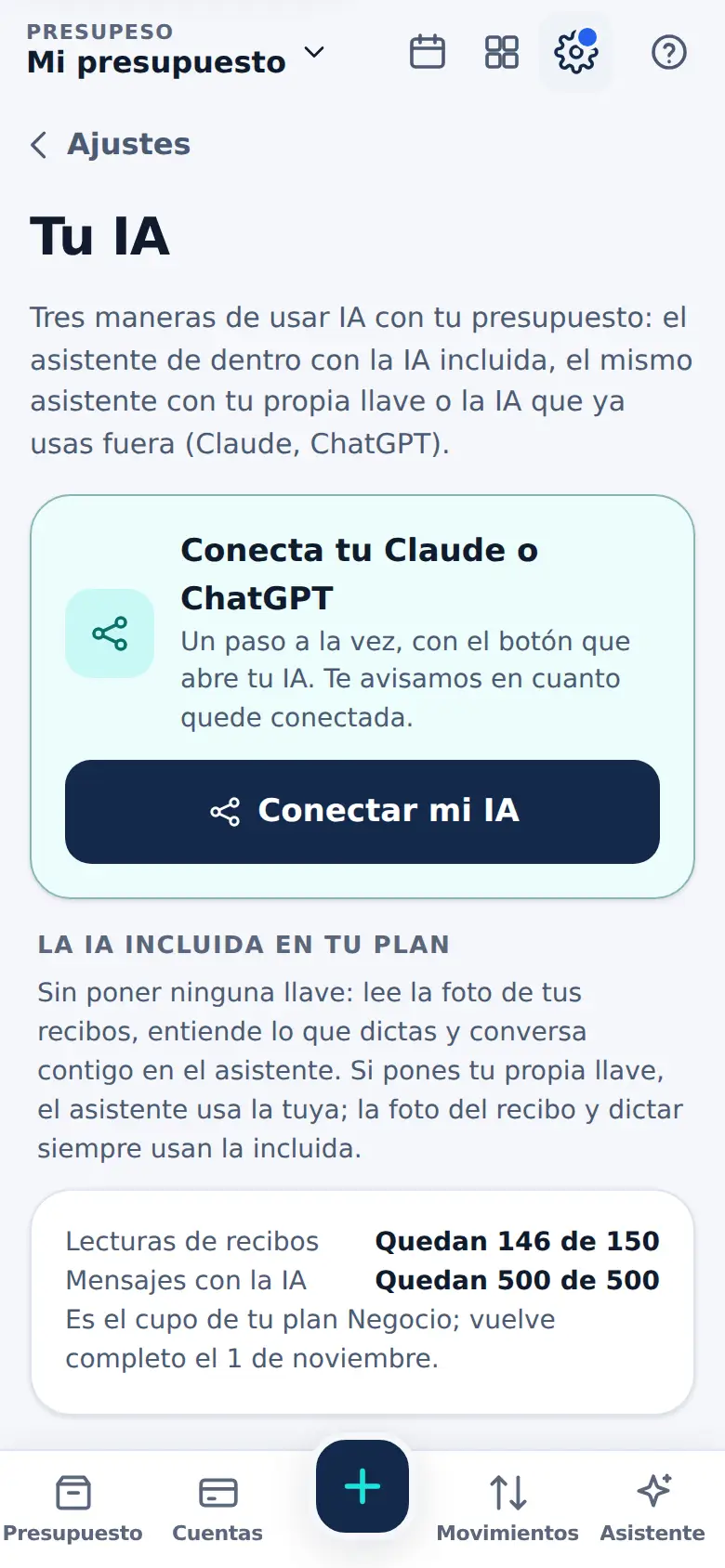 La pantalla de «Tú decides qué puede tocar» en Presupeso