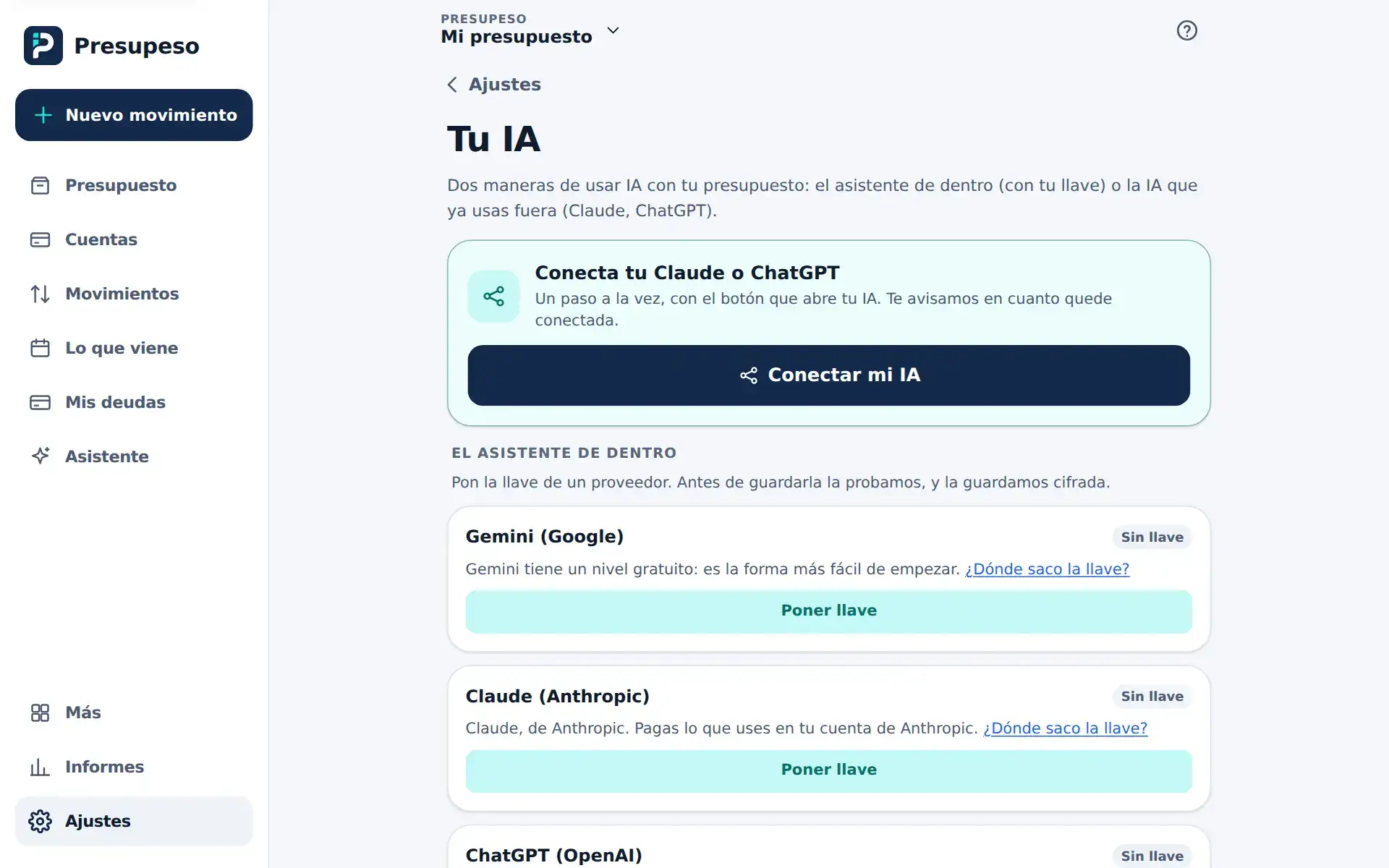 La pantalla Tu IA con las tarjetas de Gemini, Claude y ChatGPT, todavía sin llave