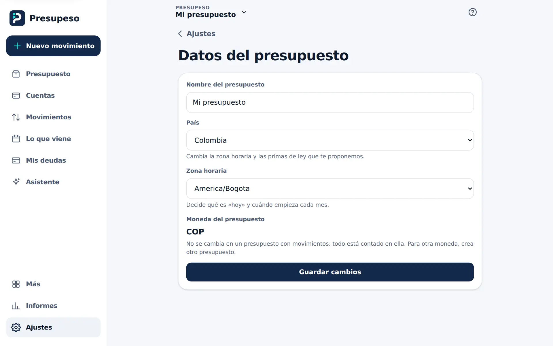 Datos del presupuesto: el nombre, el país, la zona horaria y la moneda, que ya no se puede cambiar