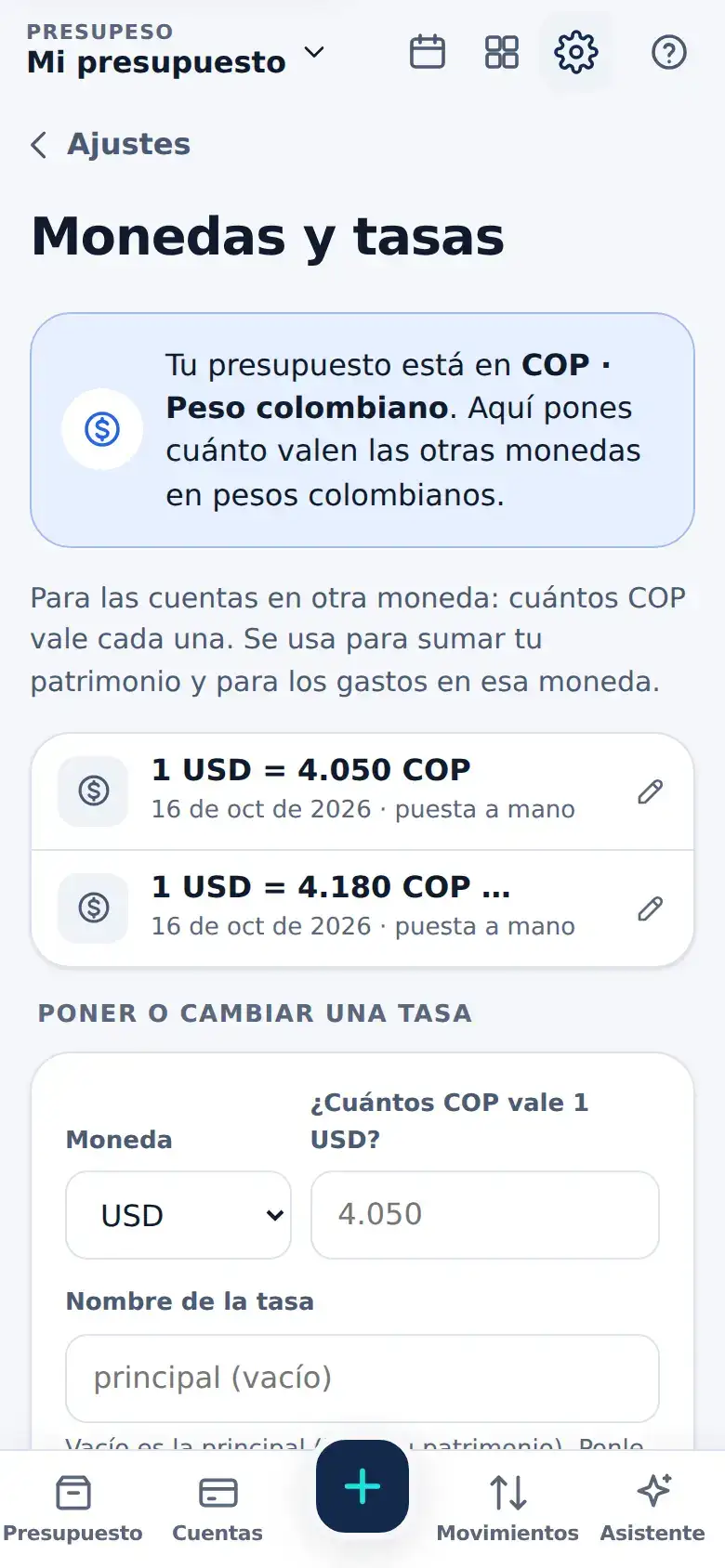 La pantalla de «Cuentas en dólares y en otras monedas» en Presupeso