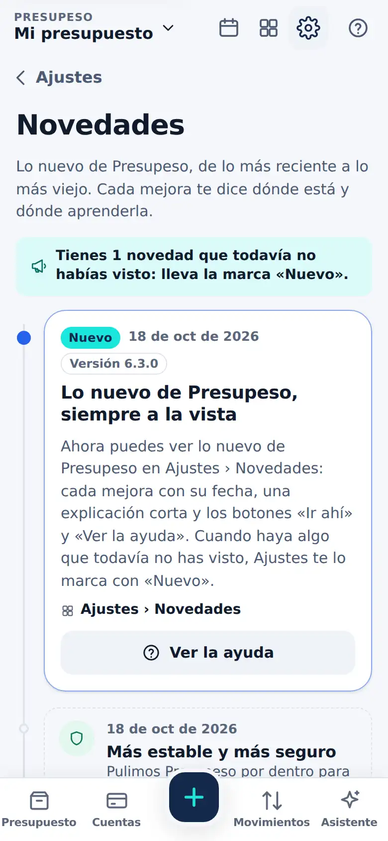 La pantalla de «Siempre sabes qué hay de nuevo» en Presupeso