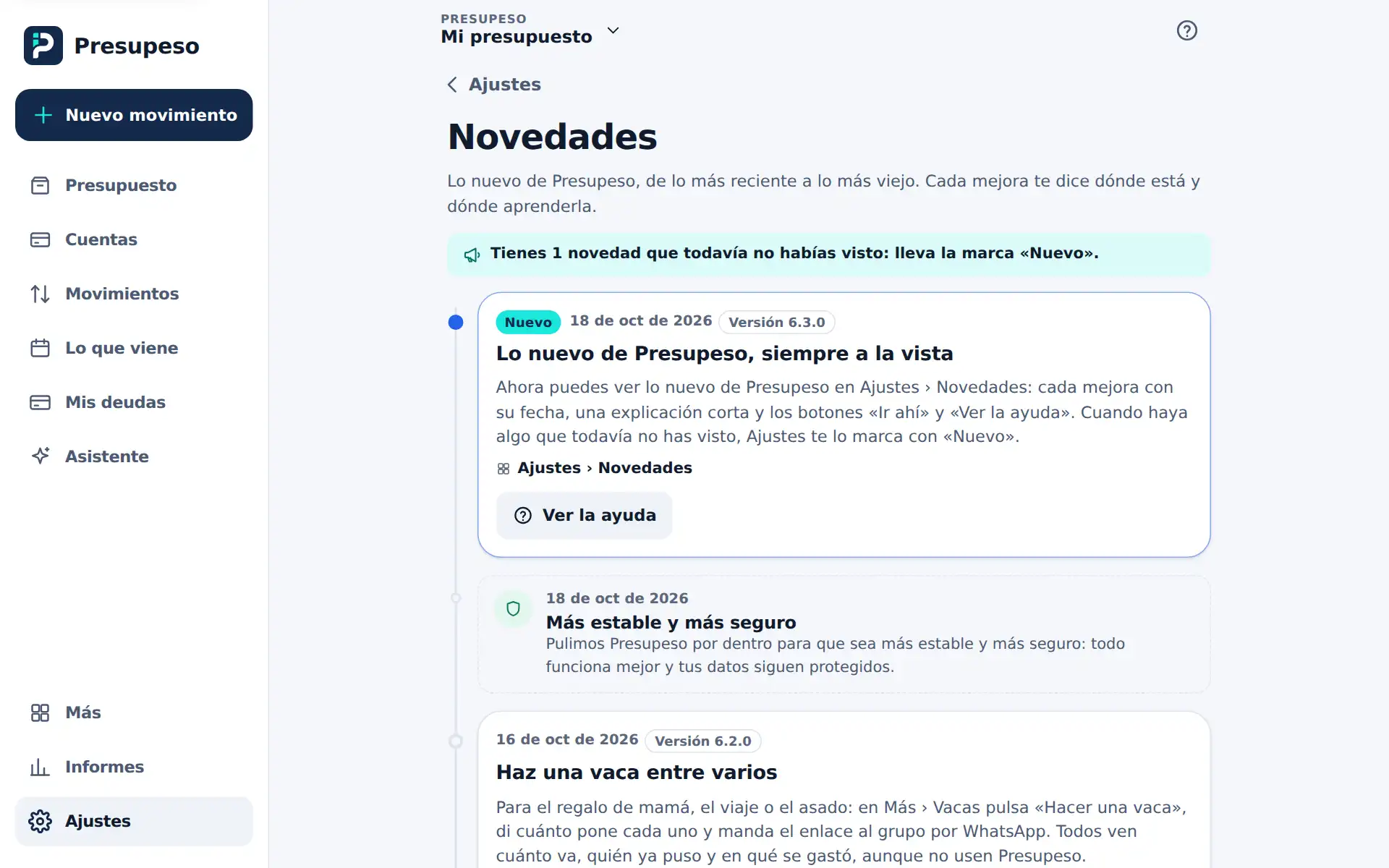 La pantalla Novedades: cada versión con su fecha, lo que cambia, dónde está y los botones para ir y para ver la ayuda