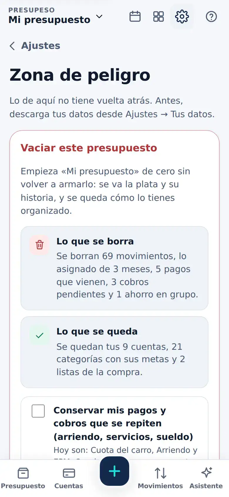 La pantalla de «Tus datos son tuyos: descárgalos» en Presupeso