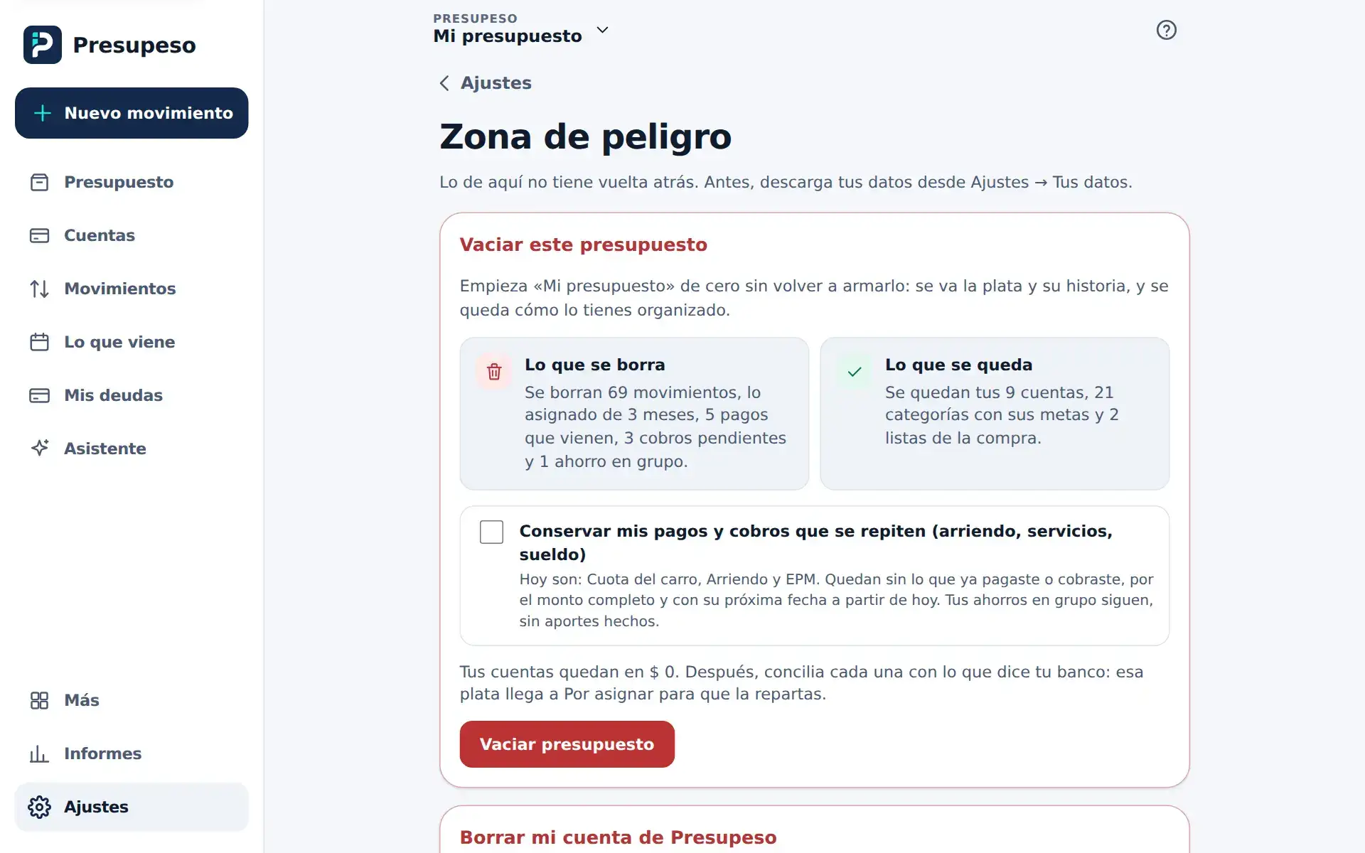 La Zona de peligro: lo que se borra y lo que se queda con sus números, la casilla para conservar lo que se repite y el botón rojo