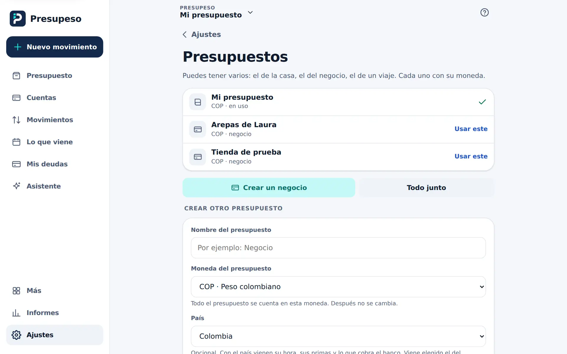 Ajustes, Presupuestos: el de la casa en uso y el negocio con Usar este
