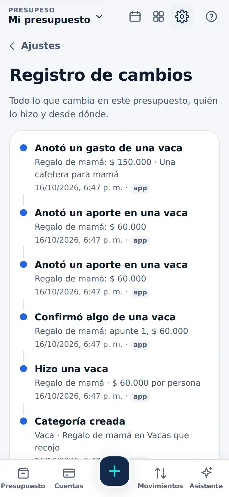 La pantalla de «El registro de cambios» en Presupeso