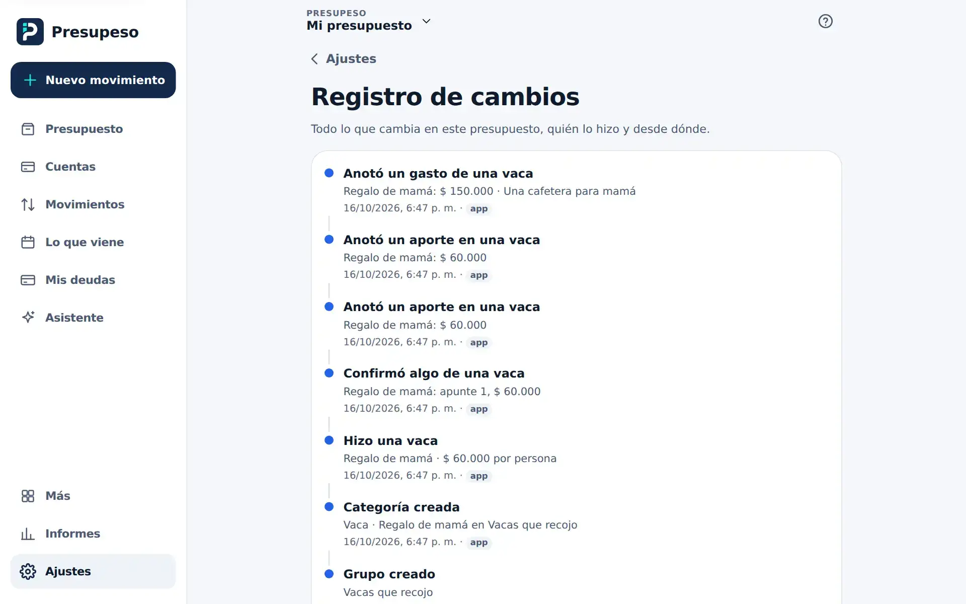 El registro de cambios: cada línea con lo que pasó, el resumen, la hora y la etiqueta «app»