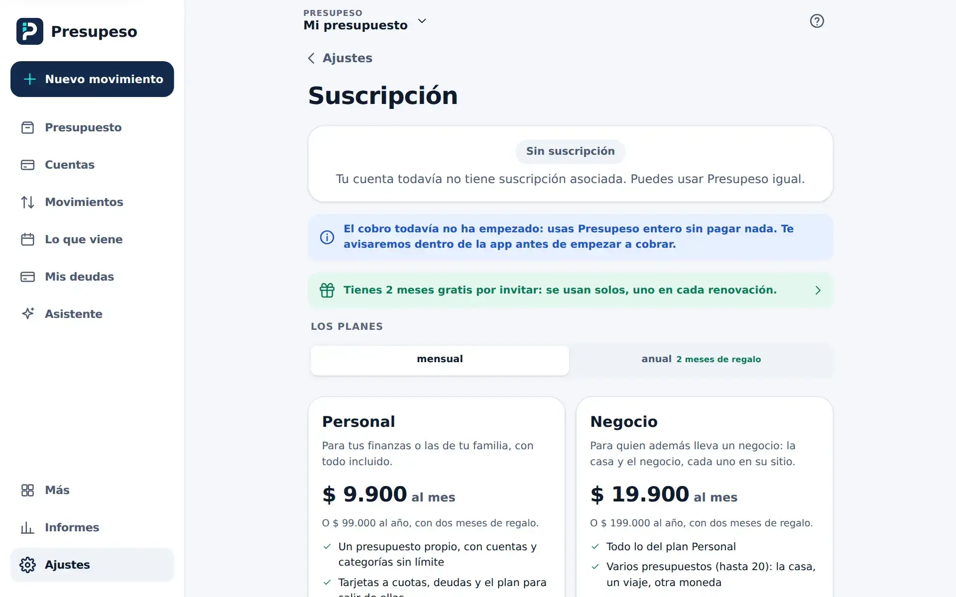 Suscripción: el estado, la franja azul que dice que el cobro todavía no ha empezado y las tarjetas de los dos planes con lo que trae cada uno