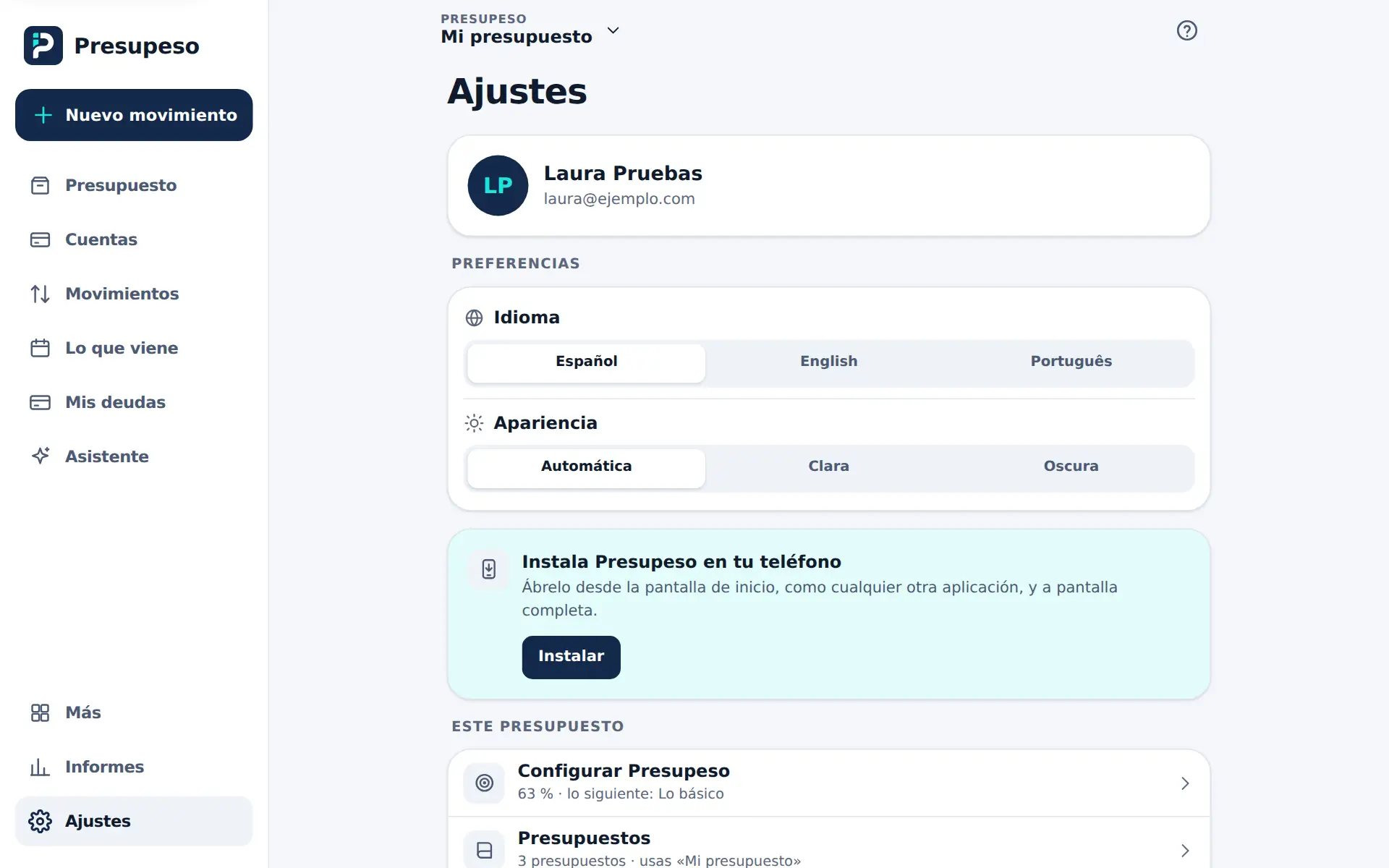 La pantalla Ajustes: tu nombre y correo, el idioma y la apariencia, el aviso para instalar la app y el comienzo de «Tu presupuesto»