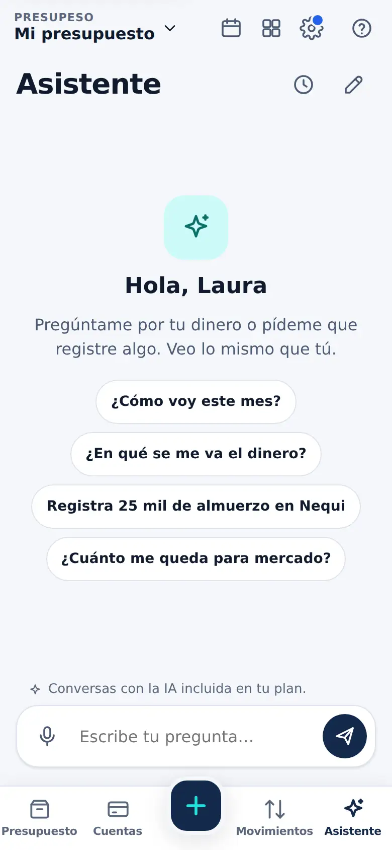 La pantalla de «El asistente de dentro de la app» en Presupeso