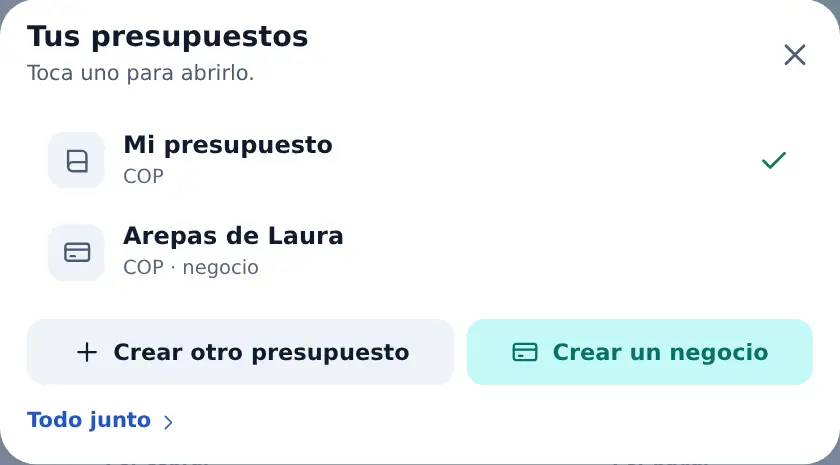 La hoja Tus presupuestos, con el de la casa, el de un negocio y los botones para crear otro