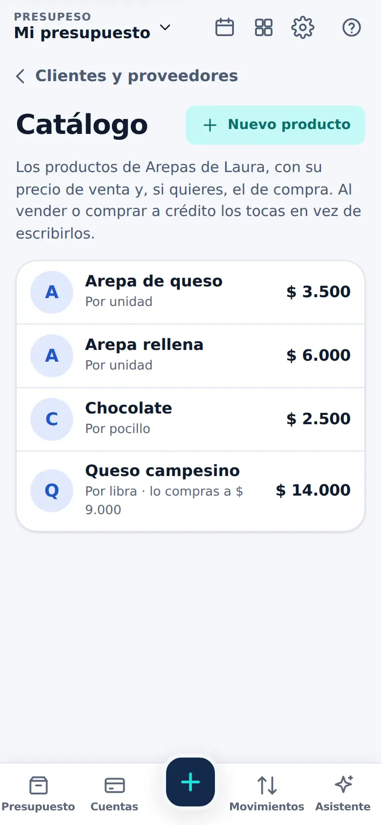 La pantalla de «Tu catálogo, con precio de venta y de compra» en Presupeso