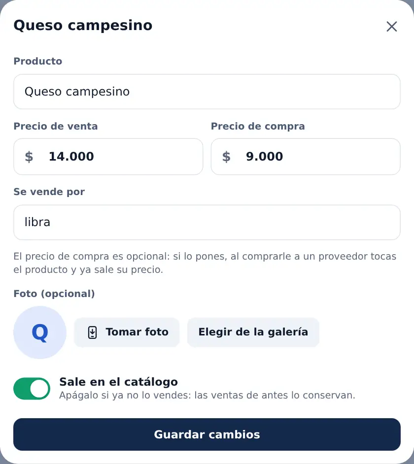 La hoja de un producto: el nombre, el precio de venta, el de compra, la unidad y la foto