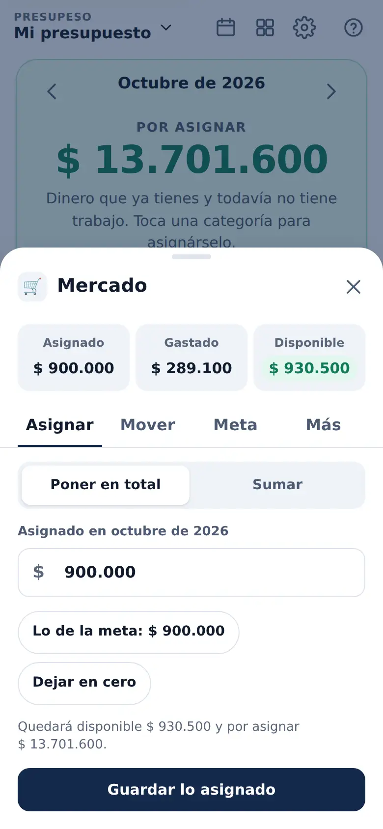 La pantalla de «Asignar en dos toques» en Presupeso