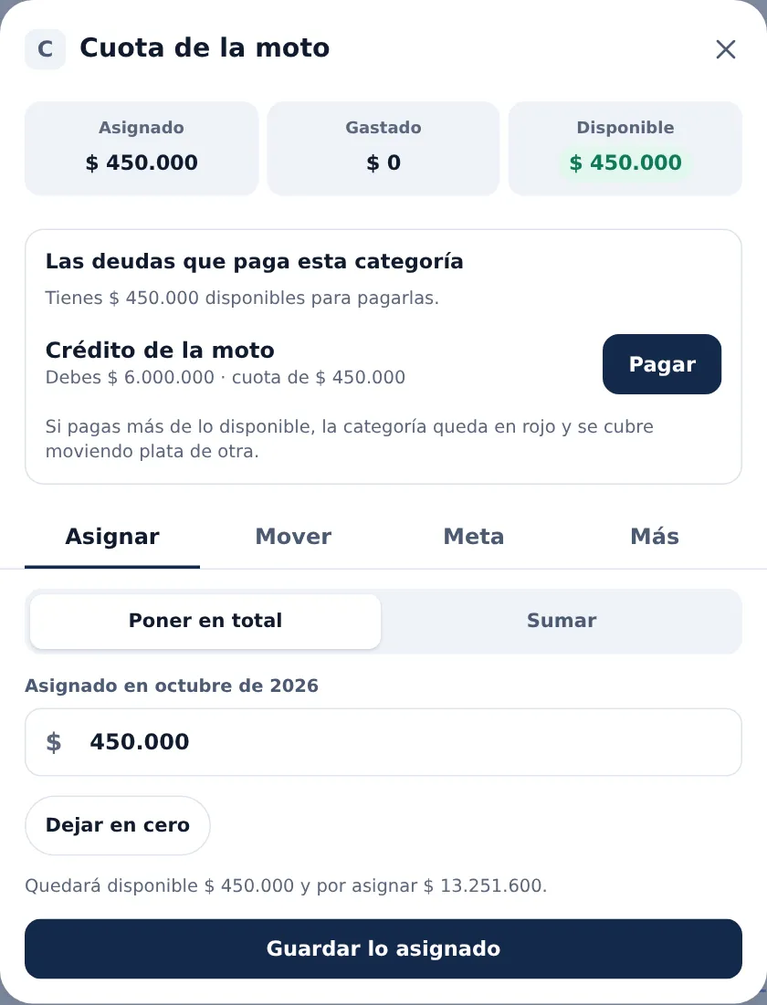 La hoja de la categoría «Cuota de la moto»: $ 450.000 disponibles y el crédito de la moto con lo que debes, su cuota y el botón Pagar