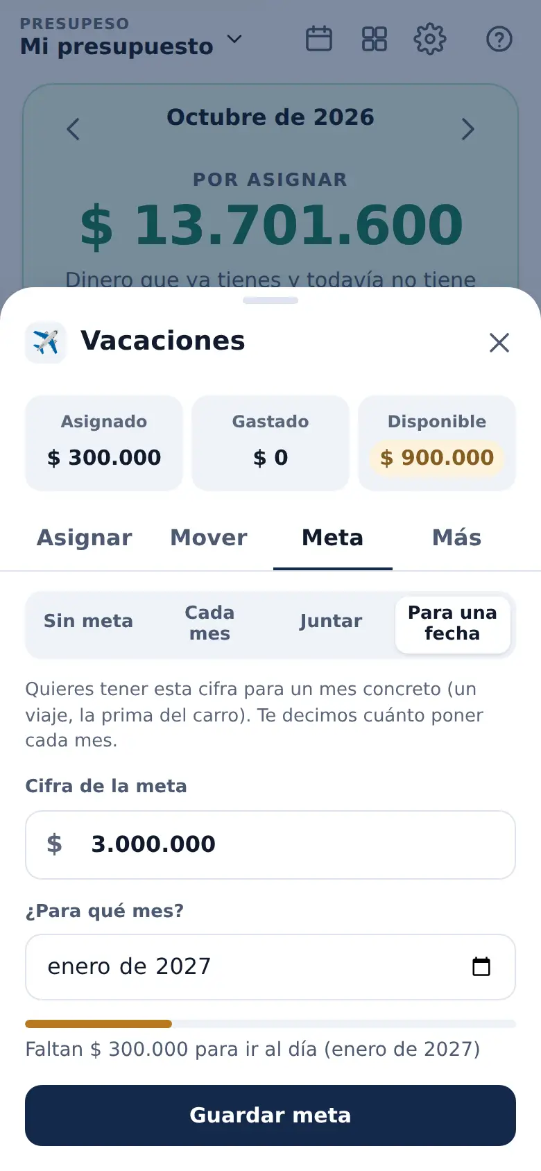 La pantalla de «Metas que se cumplen solas» en Presupeso