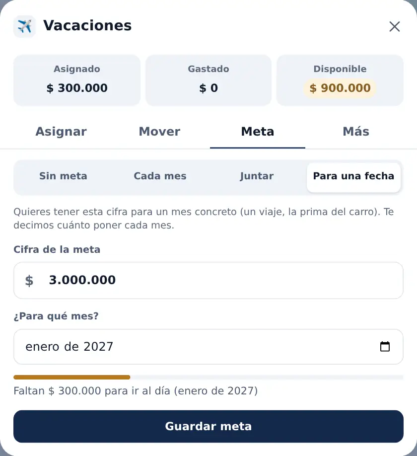 La hoja de Vacaciones en Meta: Para una fecha, 3.000.000 para enero de 2027, y la barra que dice cuánto falta para ir al día