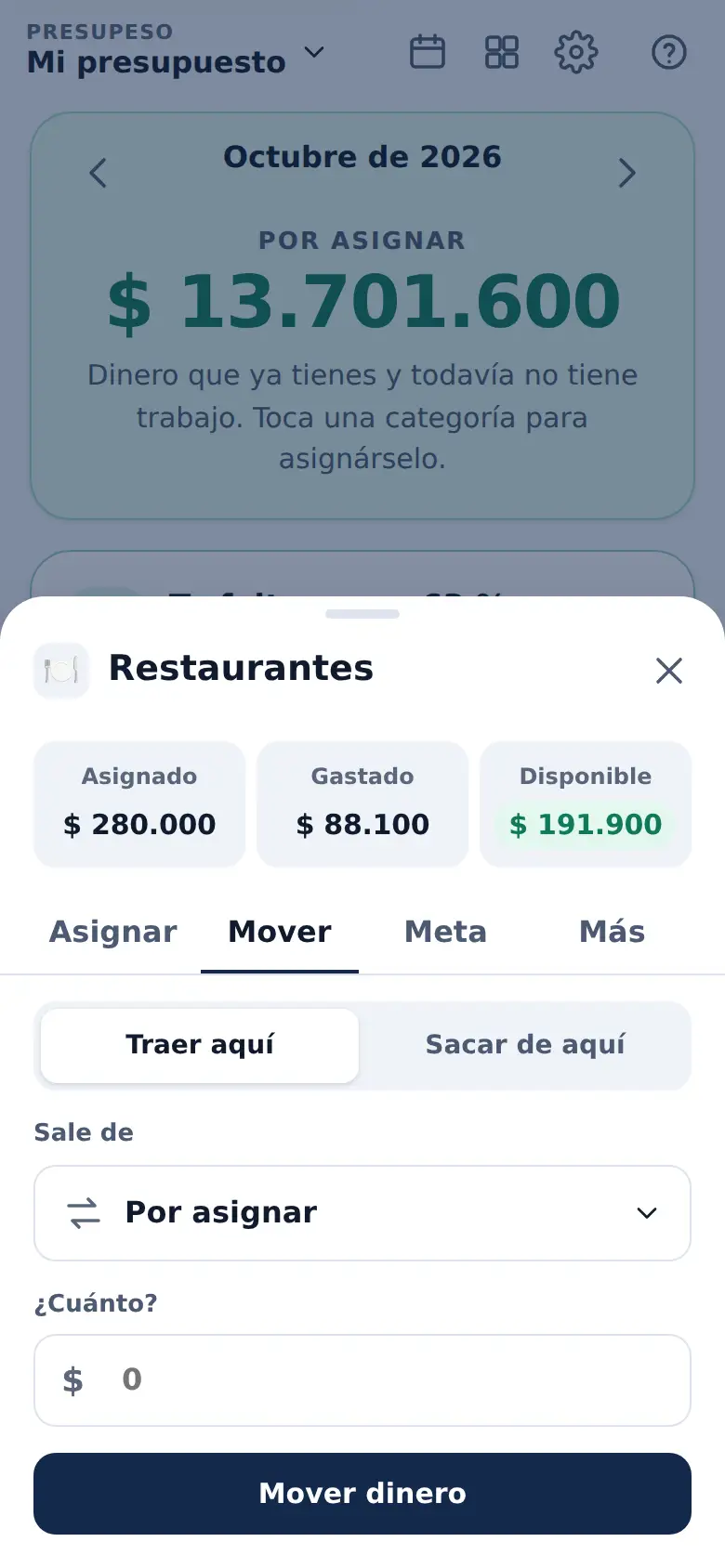 La pantalla de «Mover plata entre sobres sin culpas» en Presupeso