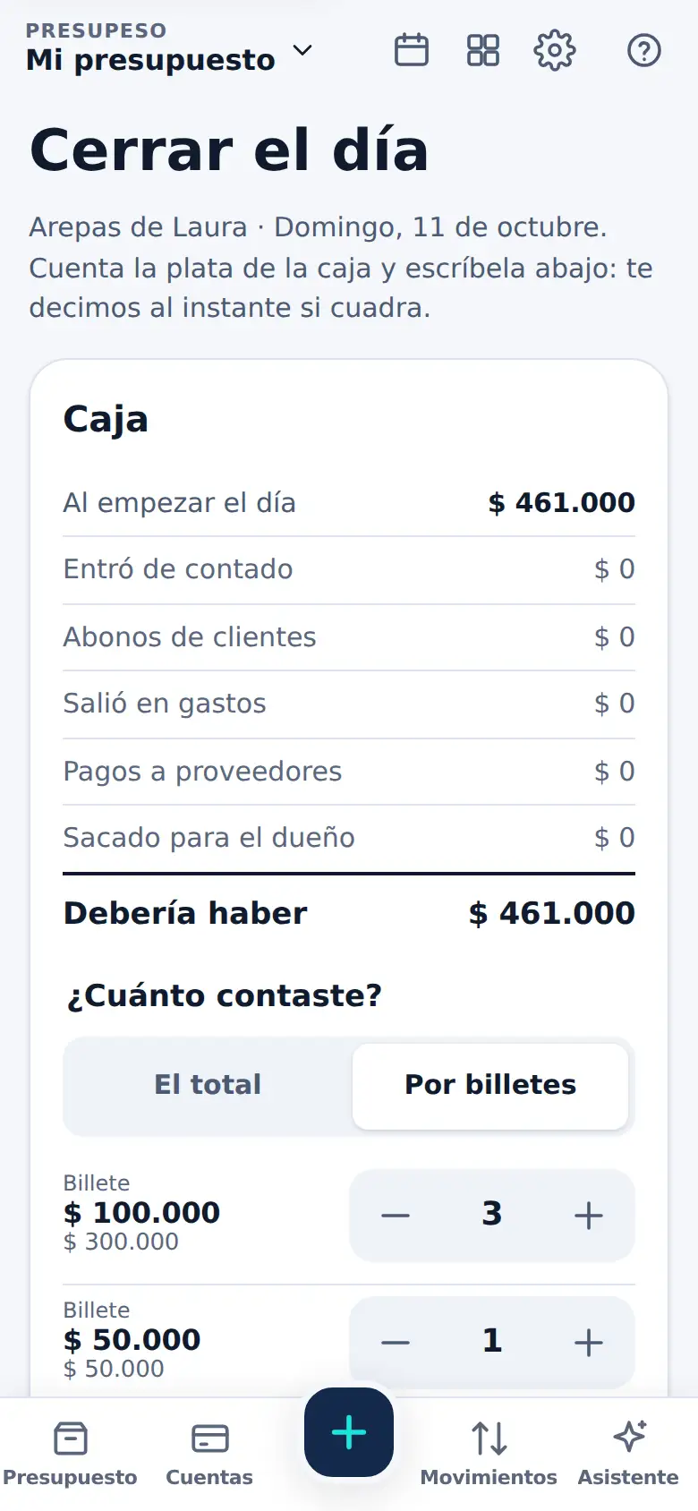 La pantalla de «Cuentas la caja y ves si cuadra» en Presupeso
