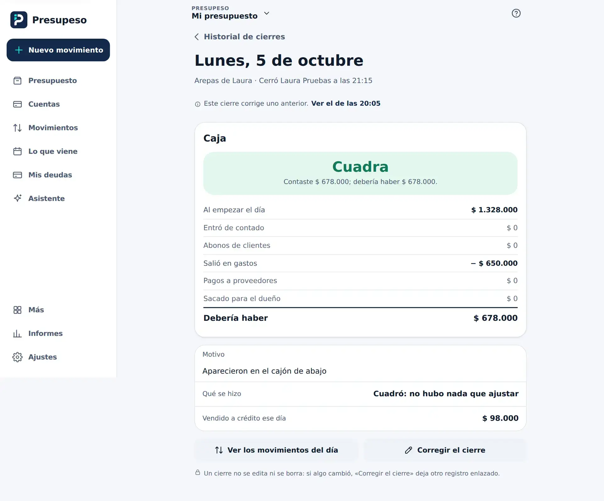 Un cierre corregido: cuadra, con el aviso de que corrige uno anterior y el enlace para verlo