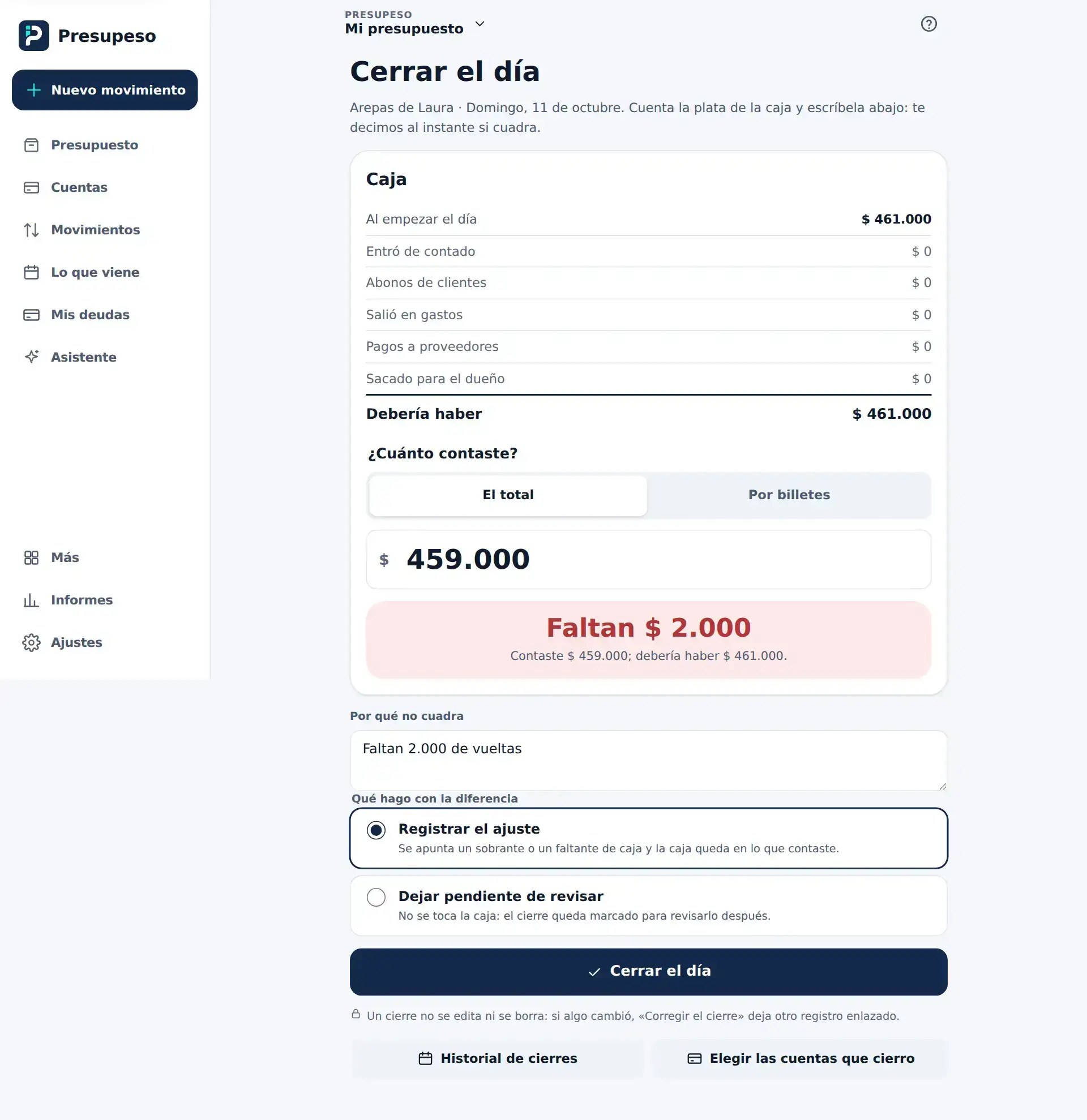 Contaste $ 677.000 y debería haber $ 679.000: Faltan $ 2.000, con el motivo escrito