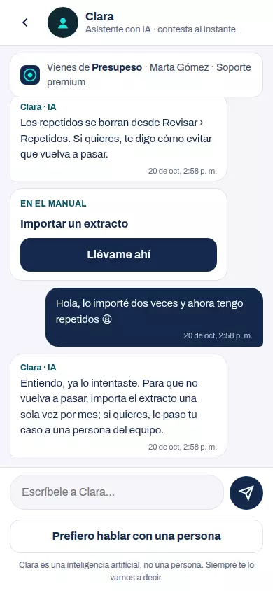 La pantalla de «Soporte con Clara» en Presupeso