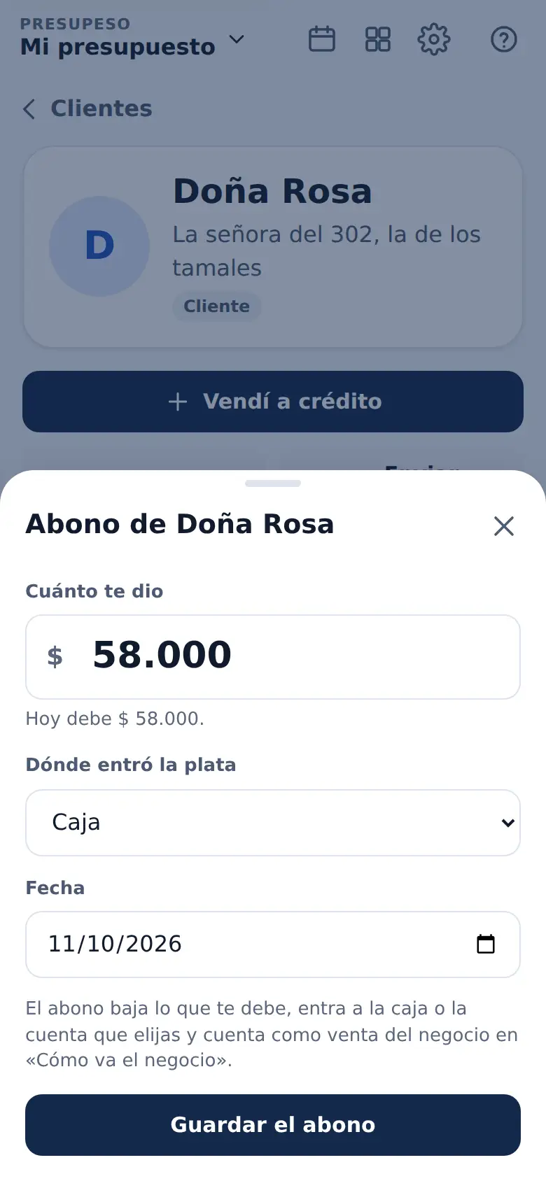 La pantalla de «Los abonos bajan la deuda solos» en Presupeso