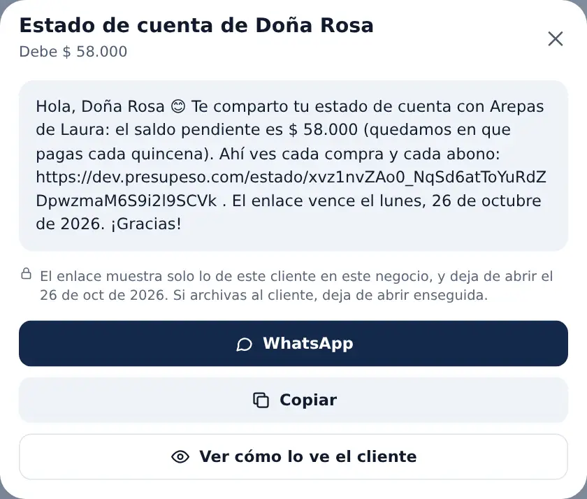 Enviar estado de cuenta: el mensaje para Doña Rosa y los botones Compartir, WhatsApp, Copiar y Ver cómo lo ve el cliente