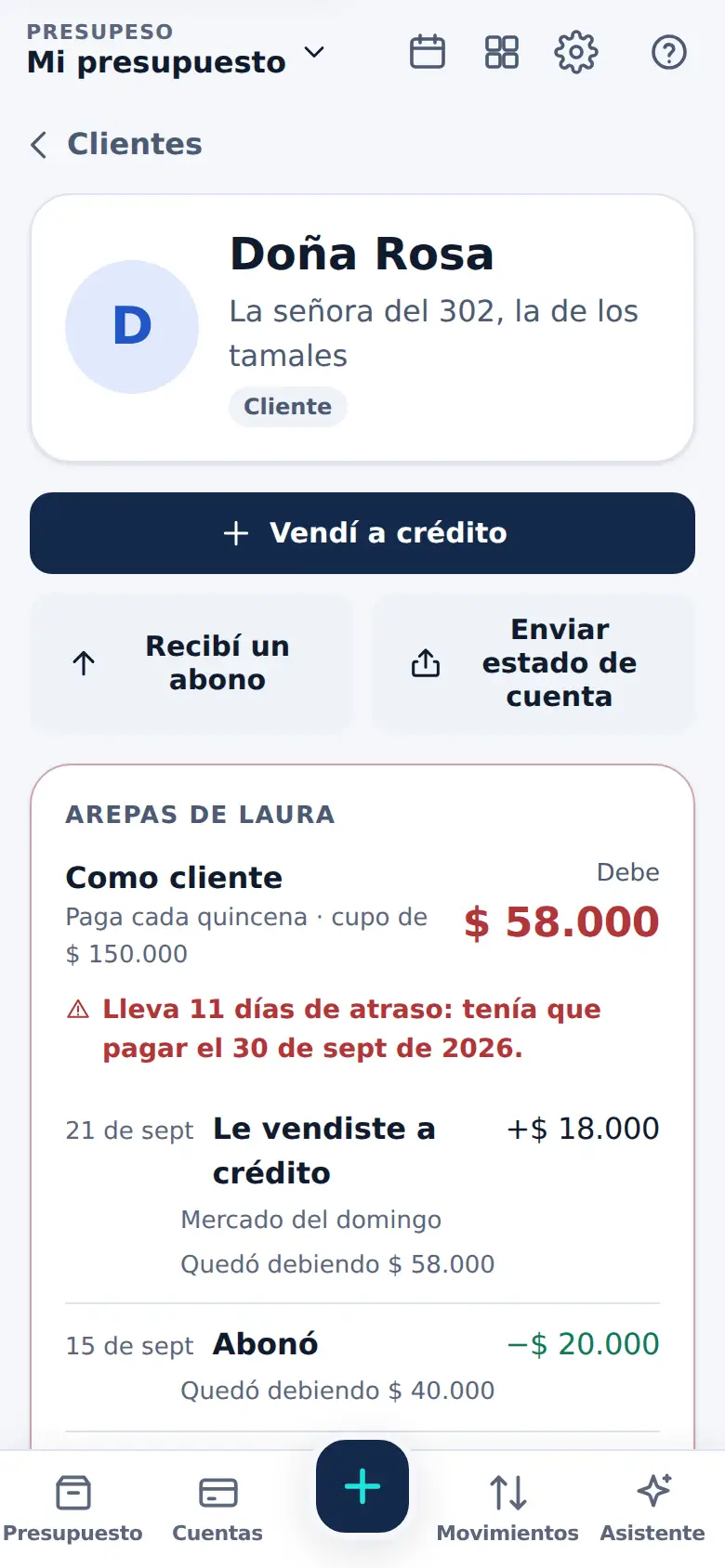 La pantalla de «Clientes y proveedores» en Presupeso