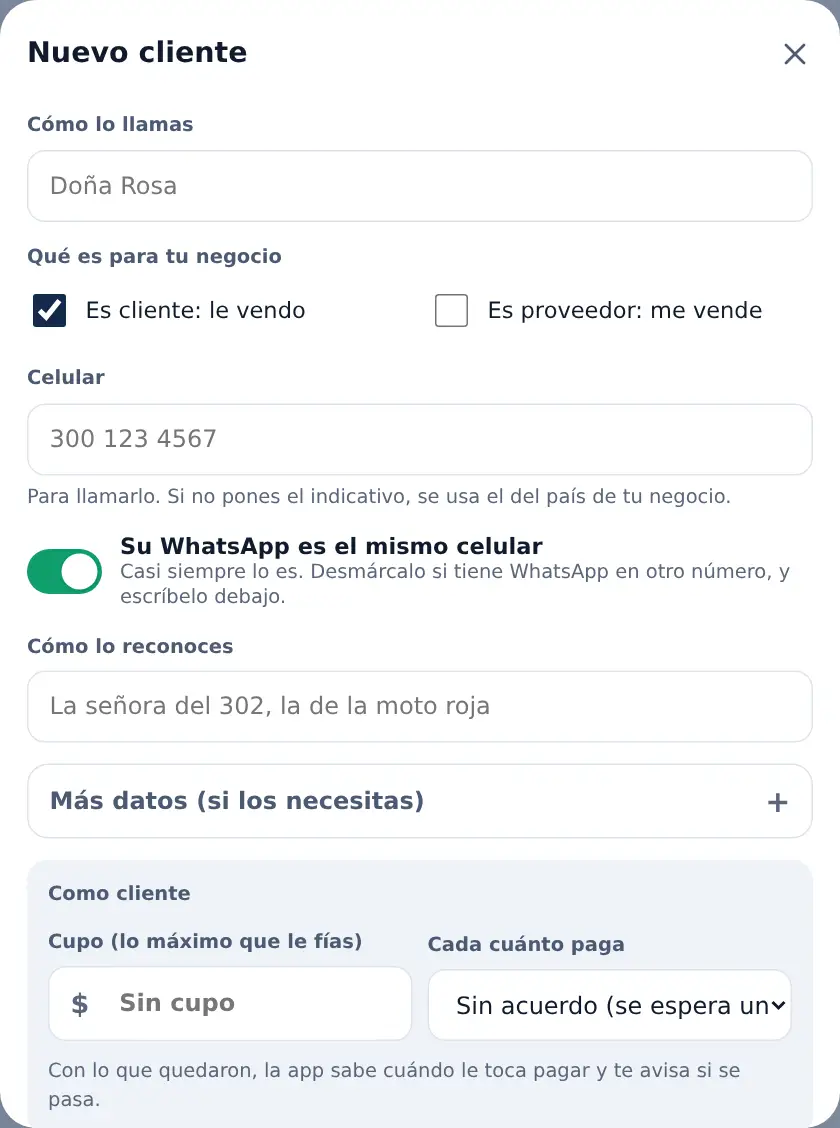 La hoja Nuevo cliente: el nombre, si es cliente o proveedor, el celular y el interruptor del WhatsApp