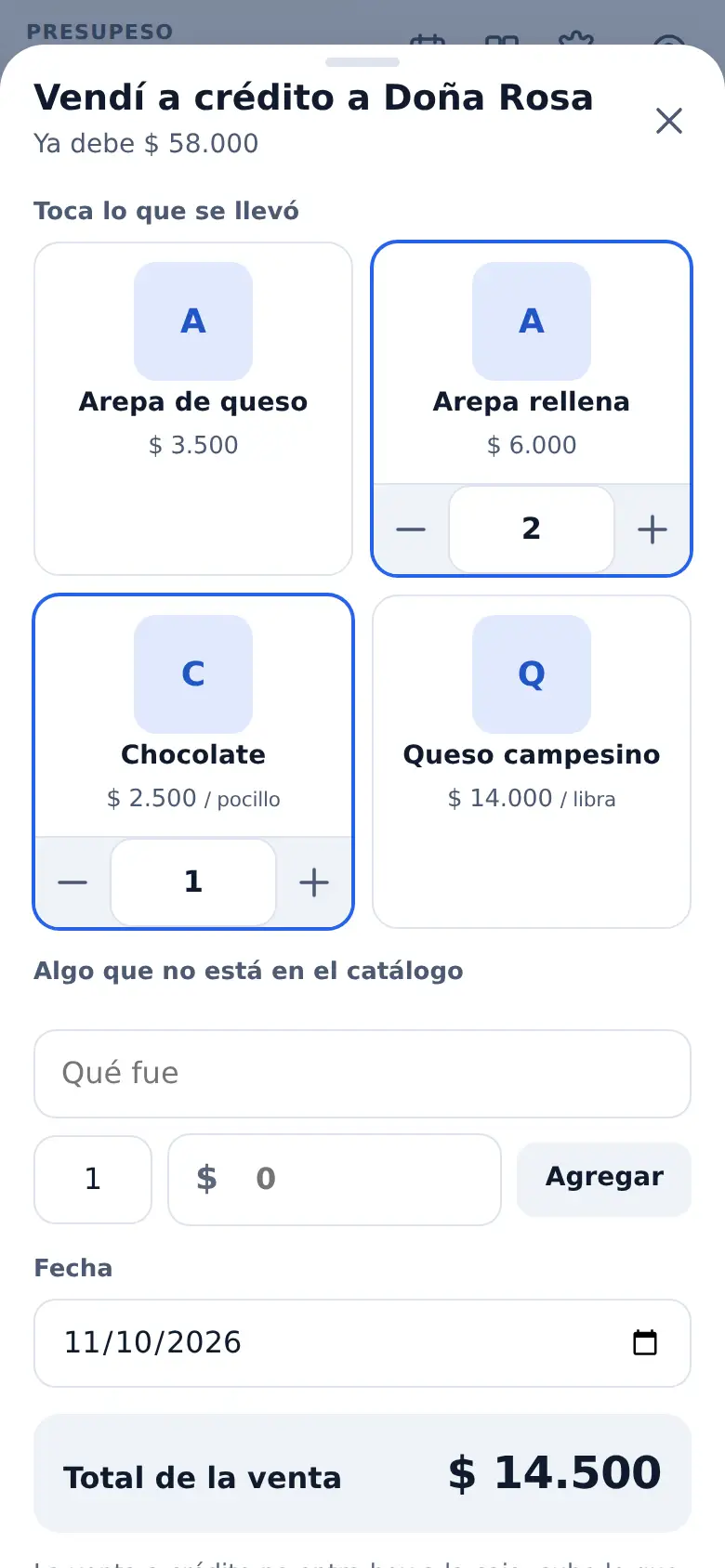 La pantalla de «Fiar tocando el catálogo» en Presupeso