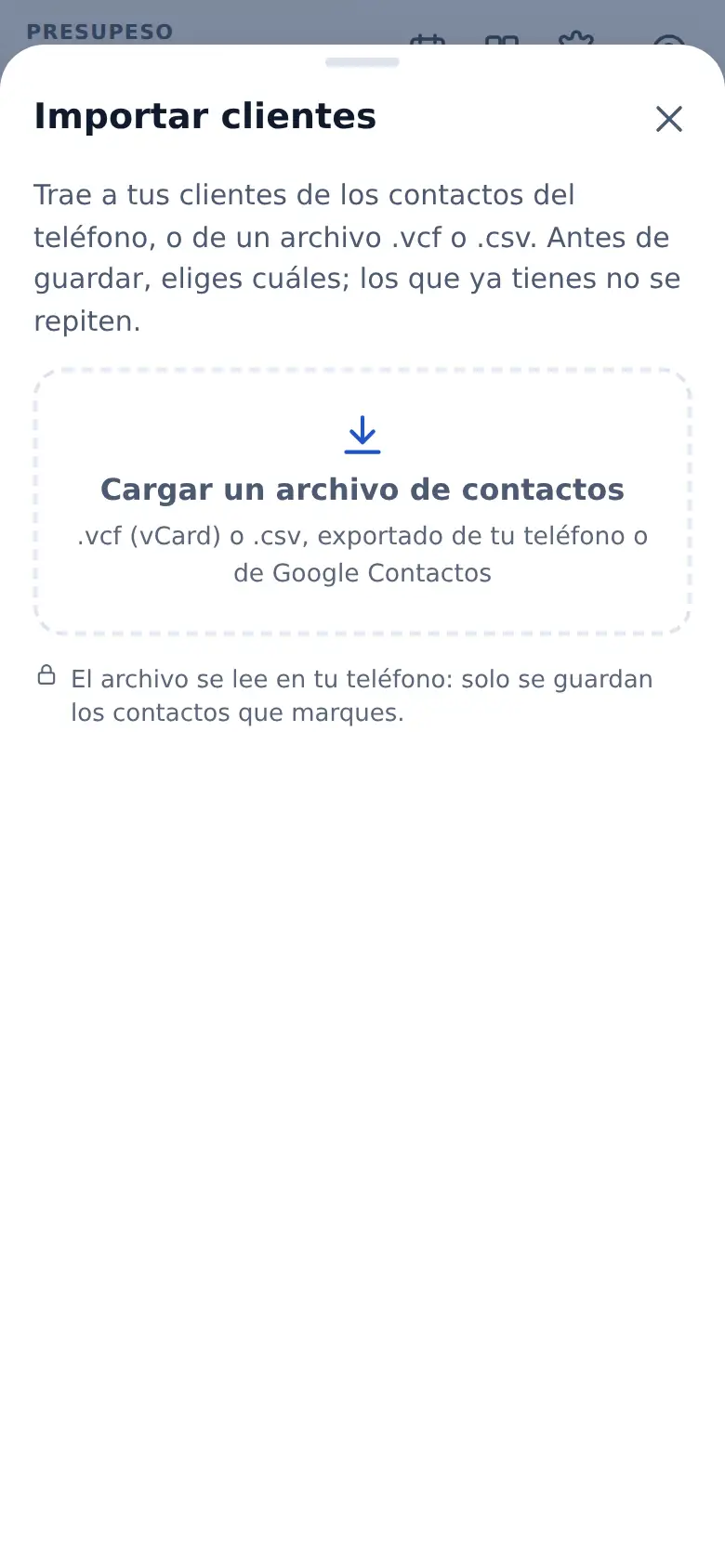 La pantalla de «Trae tus contactos de una vez» en Presupeso