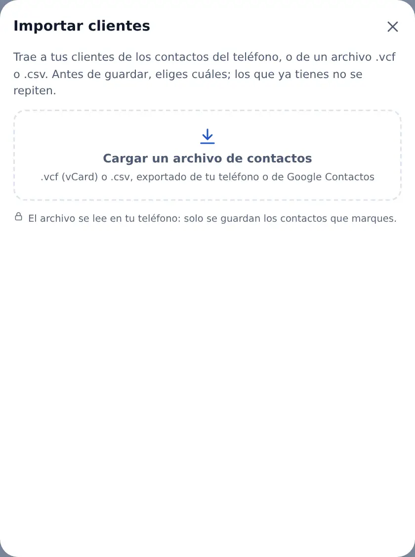 Importar clientes: el botón para elegir de los contactos y el recuadro para cargar un archivo