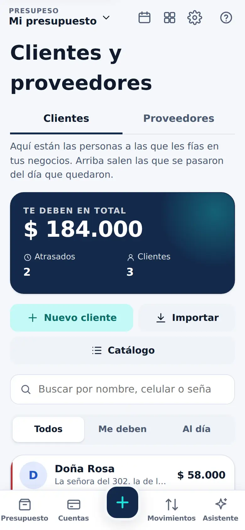 La pantalla Clientes: lo que te deben en total y cada cliente, con los atrasados arriba