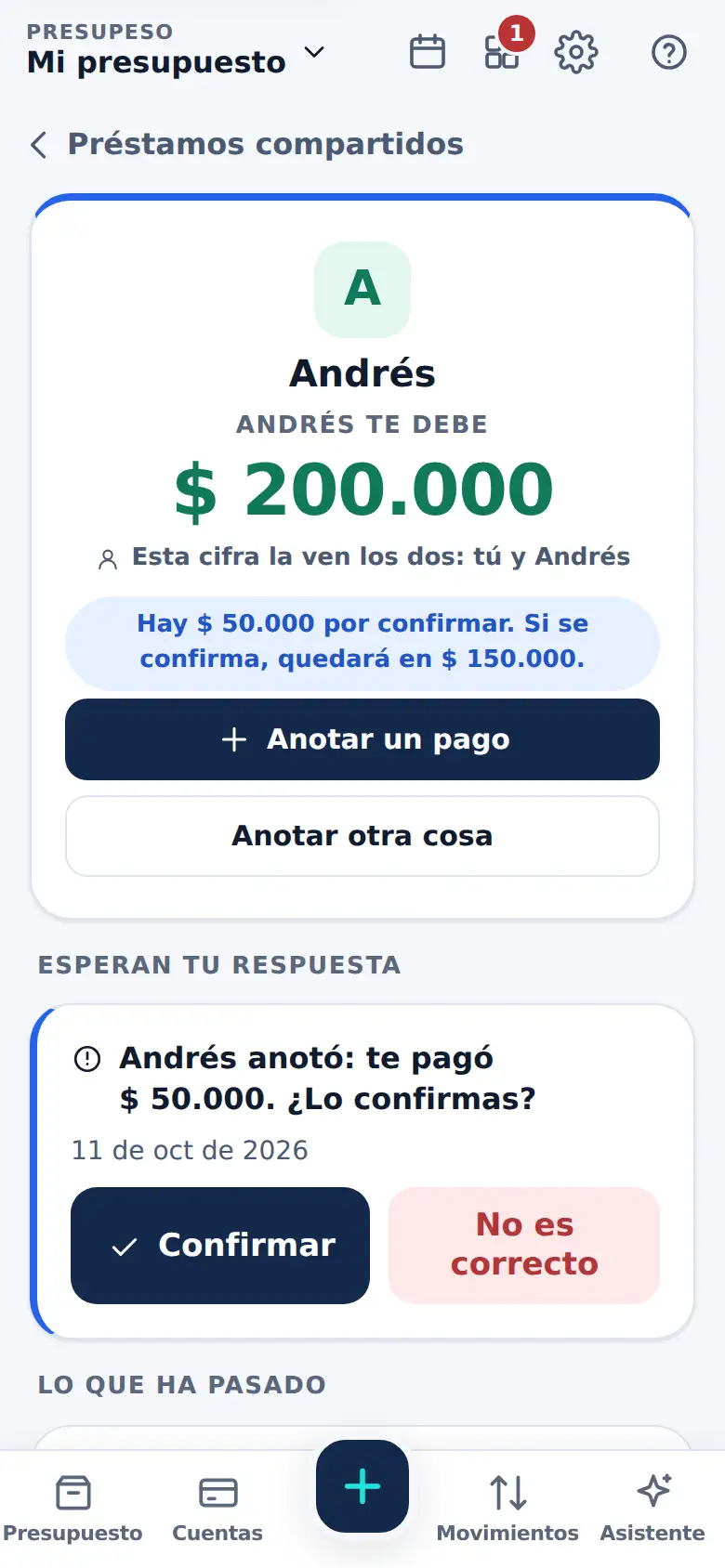 La pantalla de «Le prestas a alguien, sin malentendidos» en Presupeso