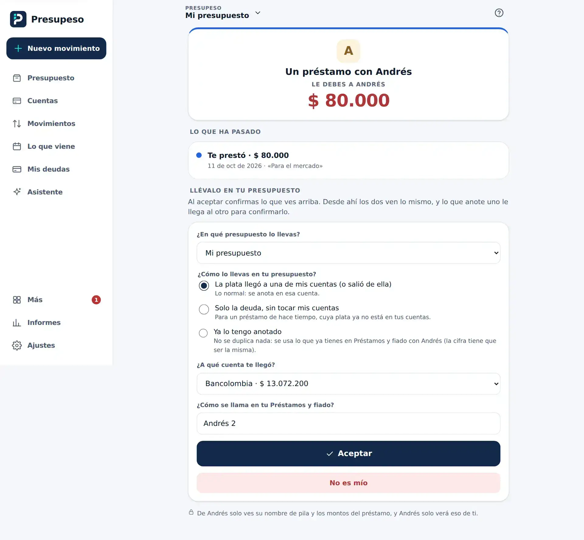 Aceptar un préstamo compartido: en qué presupuesto, cómo lo llevas y los botones Aceptar y No es mío