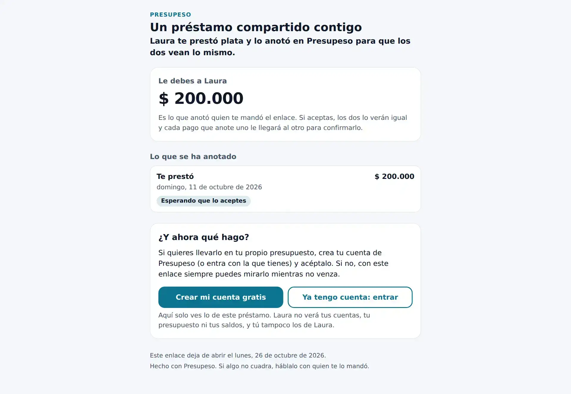 Lo que ve quien abre el enlace sin cuenta: el nombre de pila de quien prestó, la cifra y los dos botones