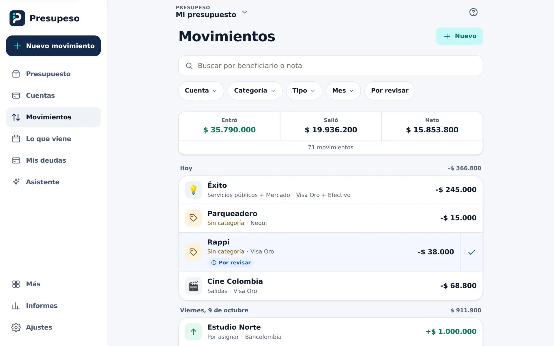 La lista de Movimientos con la compra en Éxito de $ 245.000 en una sola fila, con Servicios públicos + Mercado y Efectivo + Visa Oro