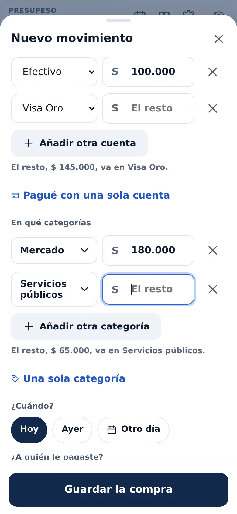 La pantalla de «Una compra, varias cuentas o varias categorías» en Presupeso
