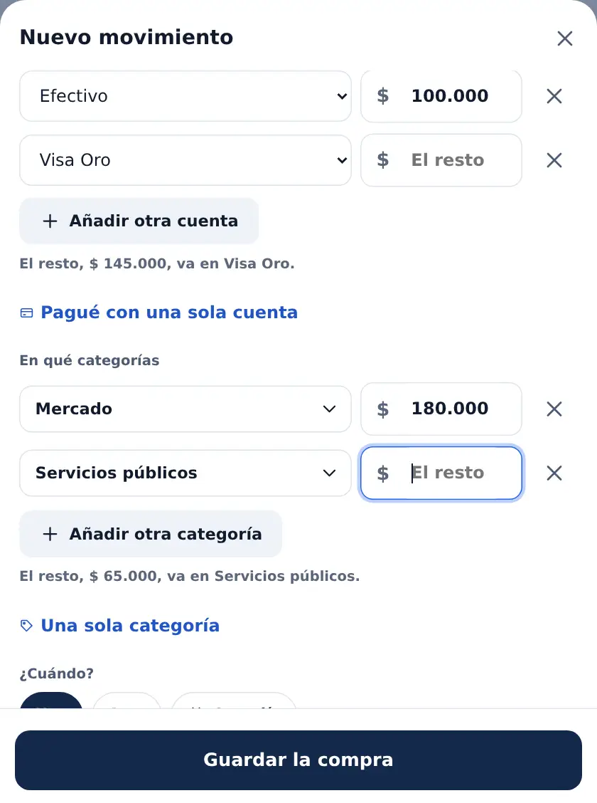 La hoja Nuevo movimiento con Pagué con varias cuentas: Efectivo $ 100.000 y Visa Oro el resto; Mercado $ 180.000 y Servicios públicos el resto