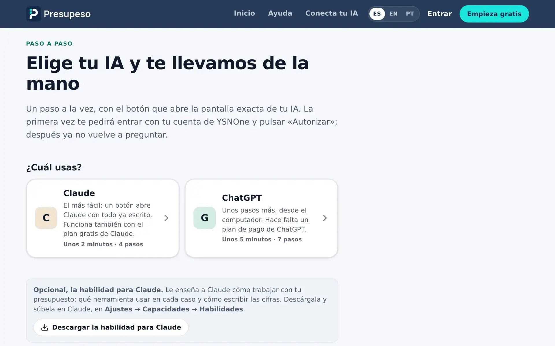 La página Conecta tu IA, con el asistente para elegir Claude o ChatGPT