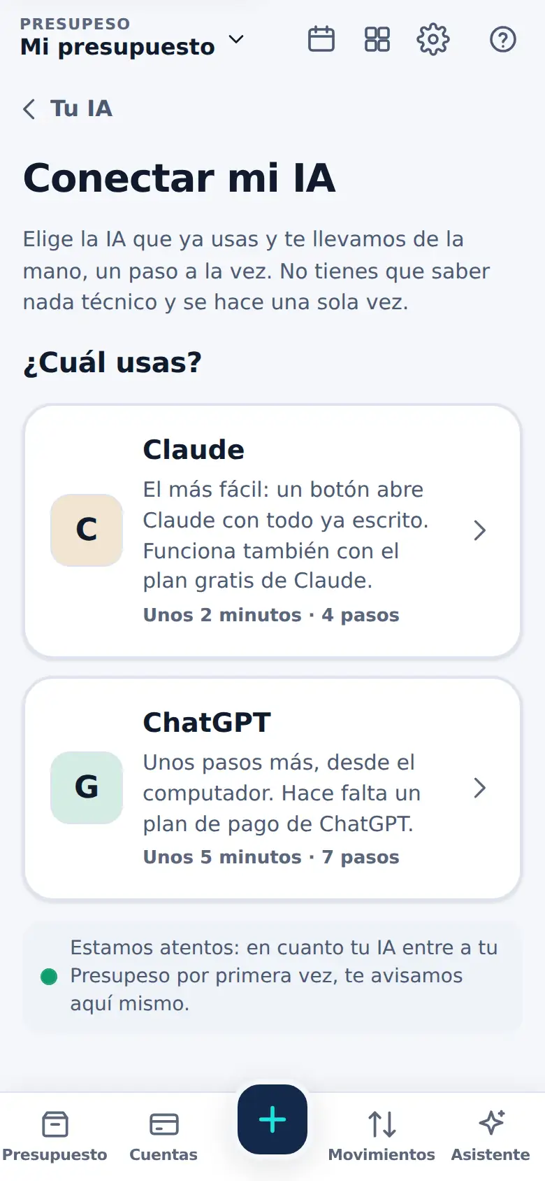La pantalla de «Con Claude o con ChatGPT» en Presupeso