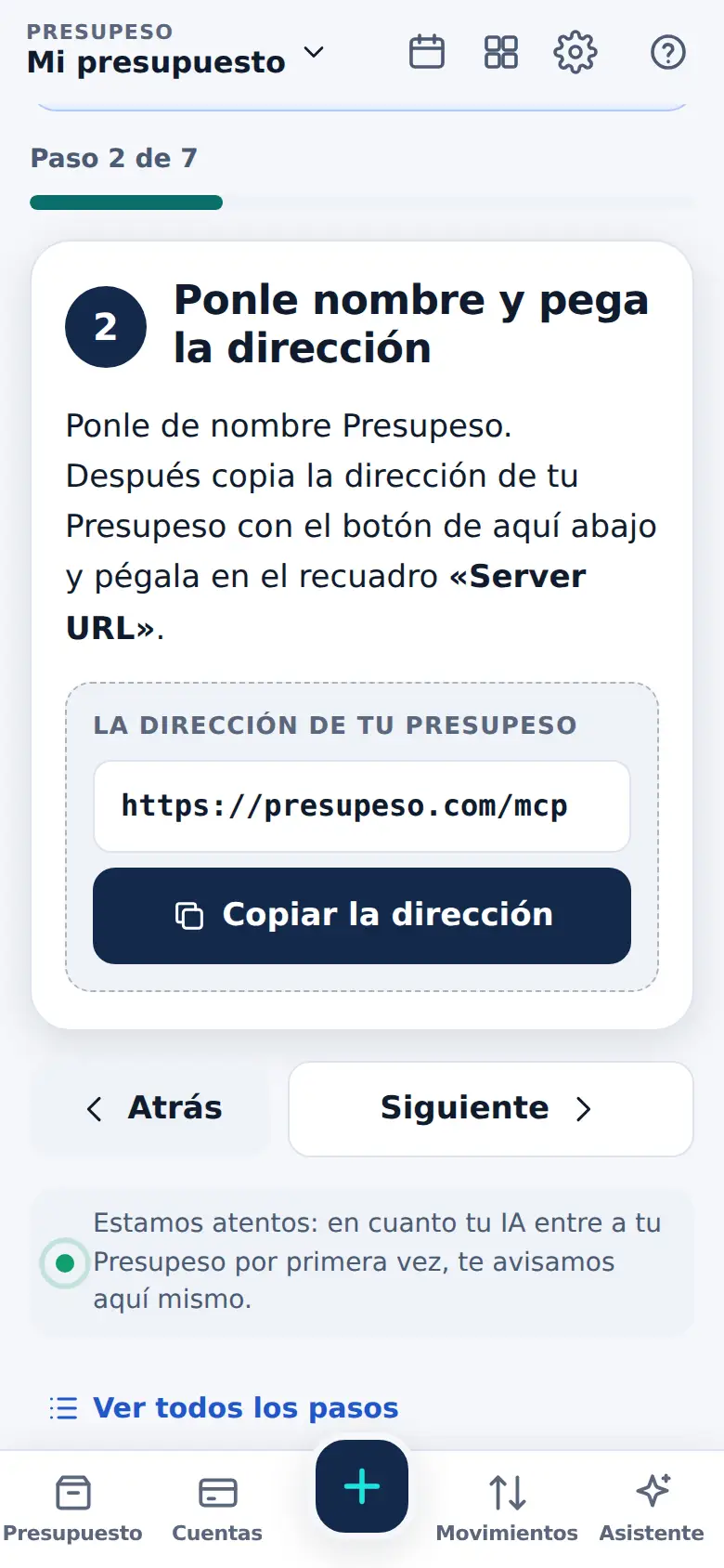 La pantalla de «Se conecta de la mano, sin nada técnico» en Presupeso