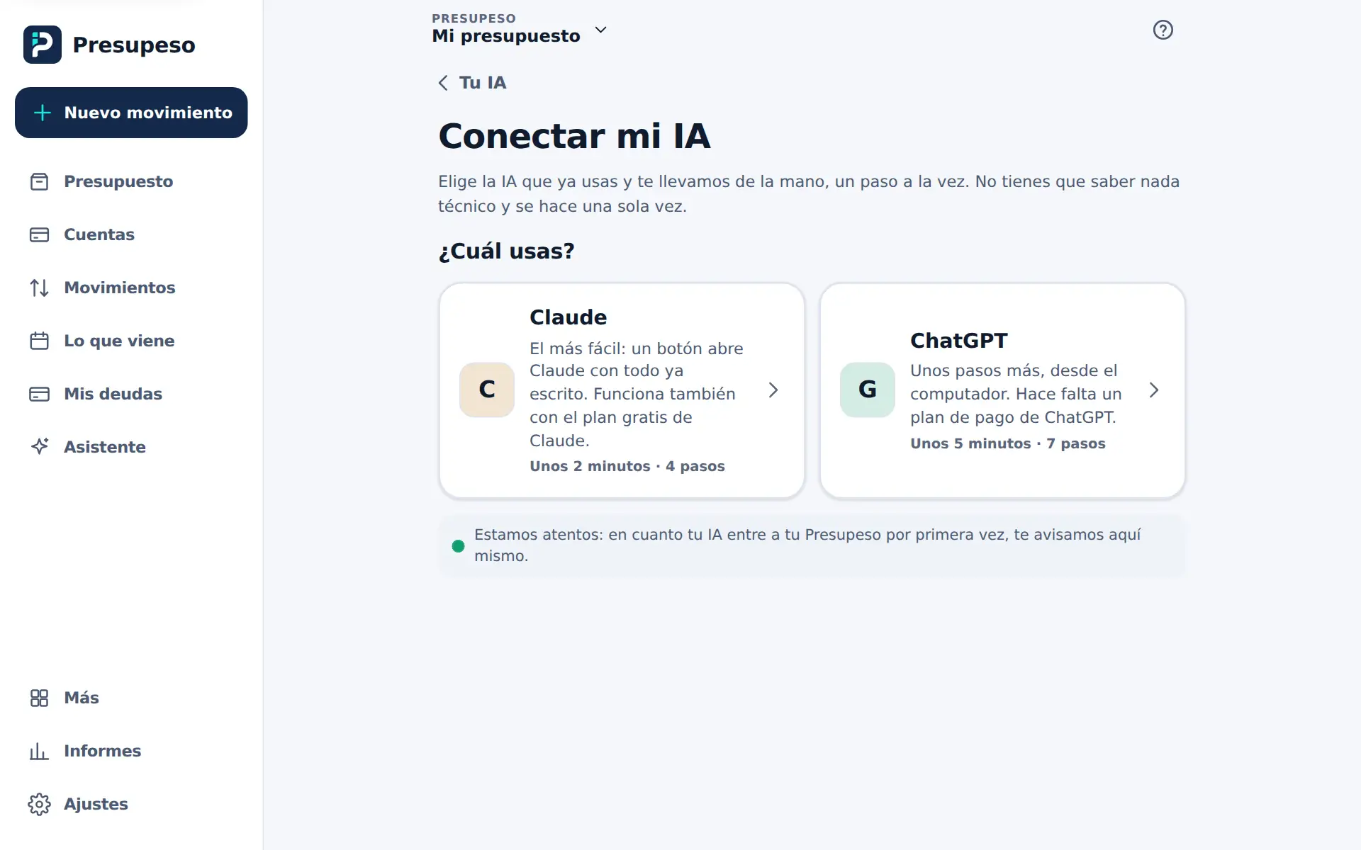 El asistente Conectar mi IA: eliges Claude o ChatGPT tocando su tarjeta