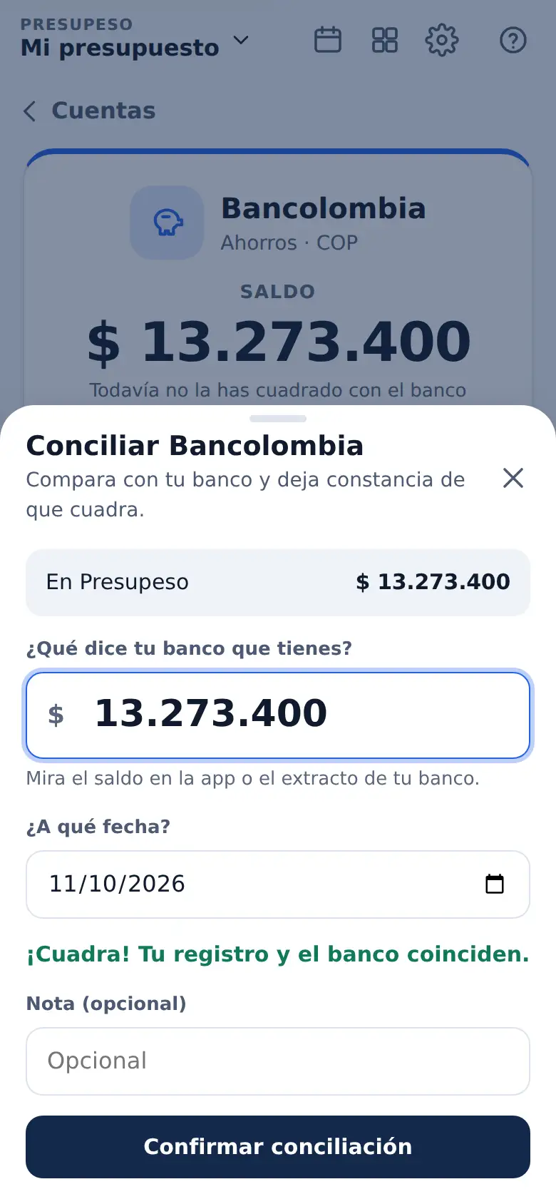 La pantalla de «Cuadrar en un minuto» en Presupeso