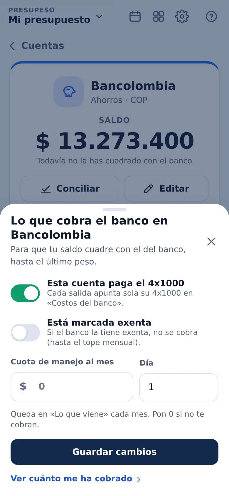 La pantalla de «Cuadrar con el banco» en Presupeso