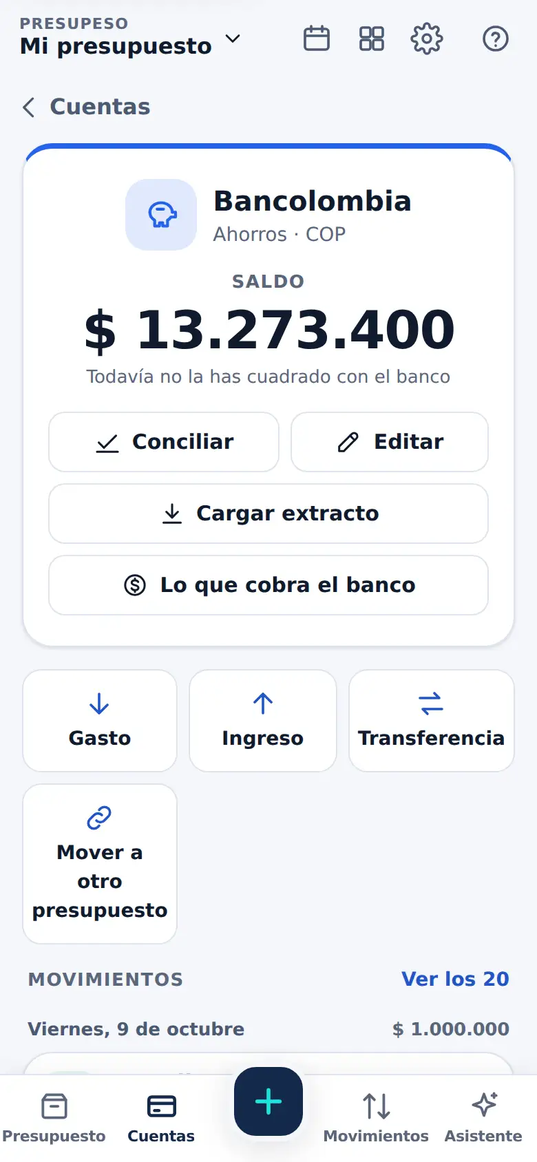 La pantalla de «Cuentas y movimientos» en Presupeso